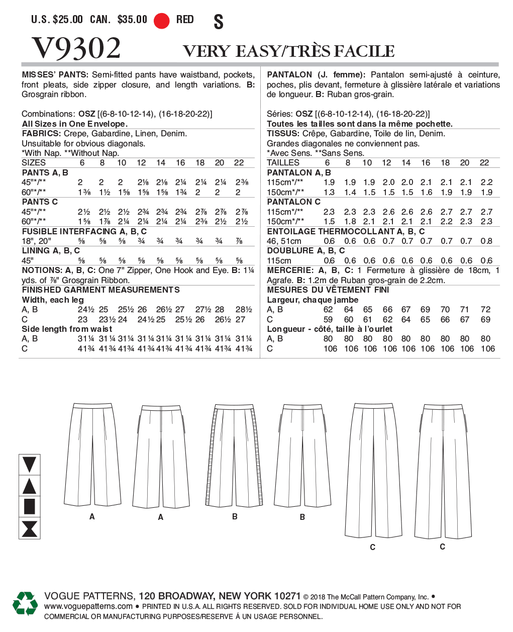 Vogue Sewing Pattern V9302 Women/'s Trousers With Front Pleats /& Zip