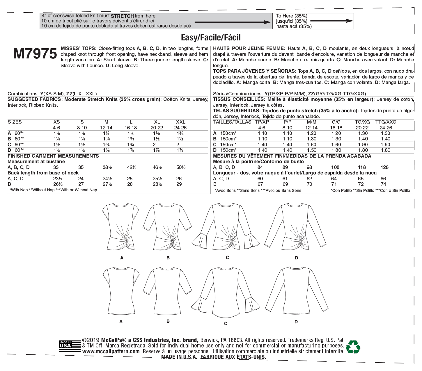 McCalls Sewing Pattern M7975 Blouse Shirt Knotted