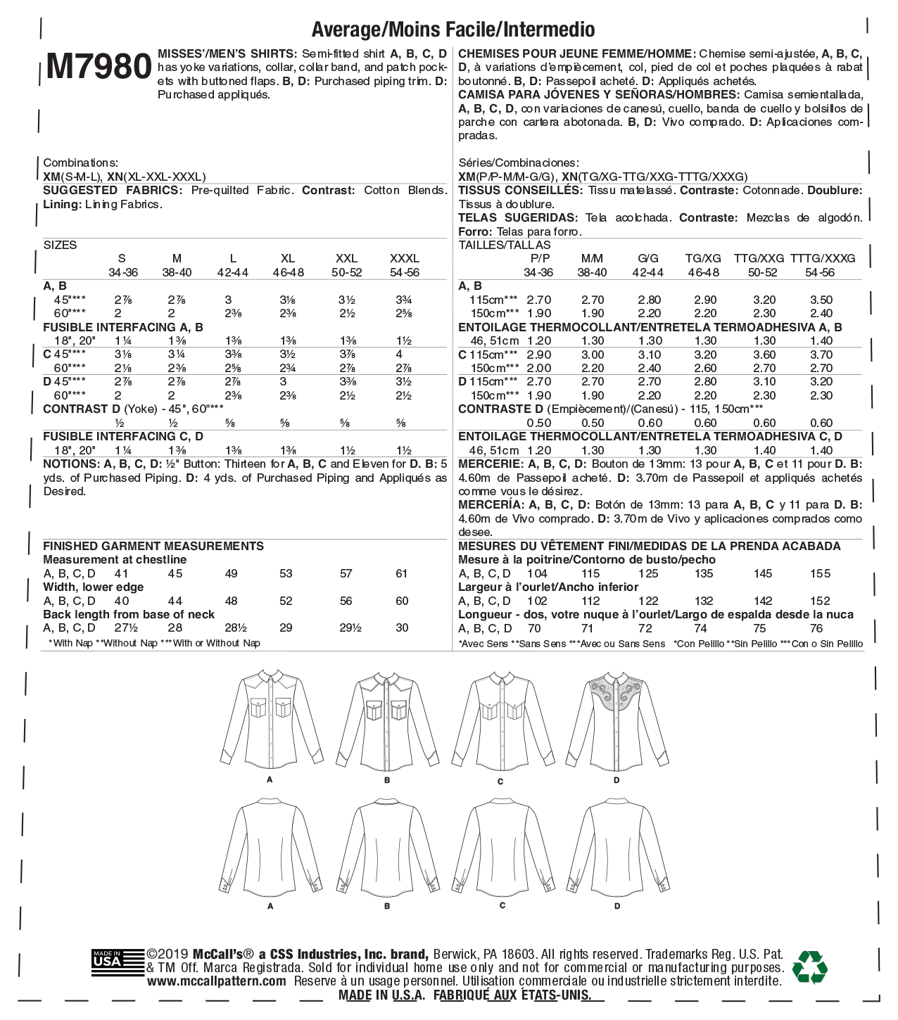 McCall/'s 7980 Unisex Shirts Sewing Pattern
