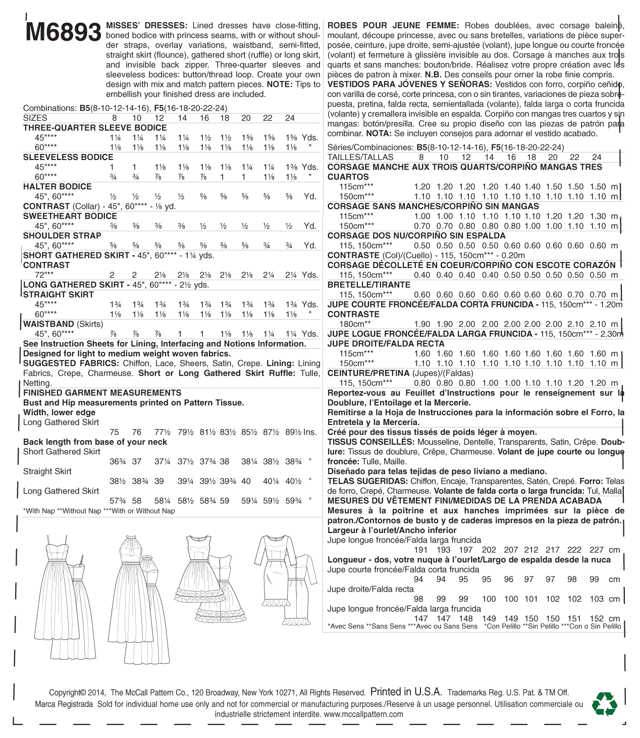 Size F5 McCall Pattern Company M6893 Misses Dresses Sewing Template 16-18-20-22-24