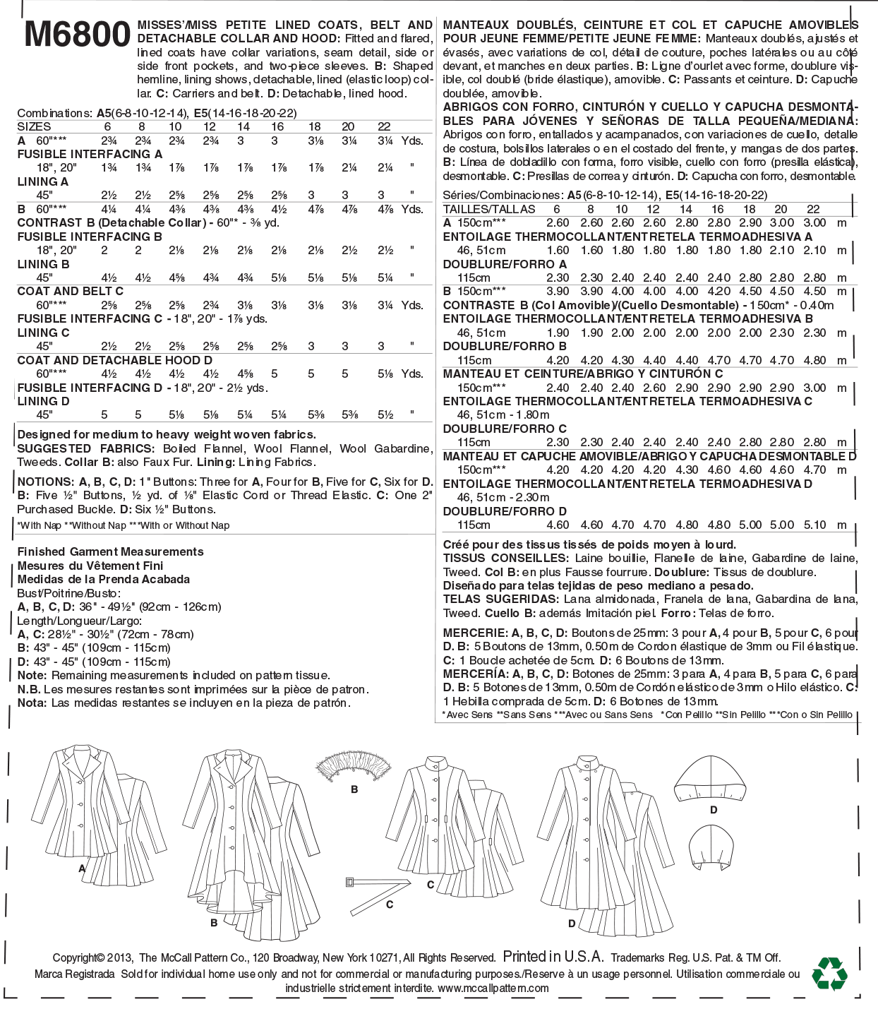 McCalls Ladies Easy Sewing Pattern 6800 Lined Coats Belt /& Detachable Co...